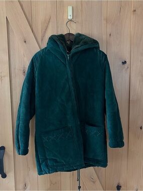 Vintage SYNERGY Womens Hunter Green suede Leather Hooded Winter Coat Jacket M